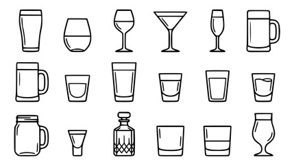 Glassware line icons vector set featuring barware drinkware cups mugs decanter wine cocktail beer and shot glasses © MdSabbir