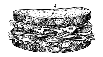 Hand drawn sketch of a fresh sandwich with layers of bread lettuce cheese ham tomatoes and a toothpick menu vector illustration © MdSabbir