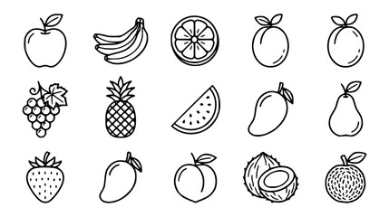 Fresh fruit line icon set featuring organic food symbols apple banana orange grape pineapple watermelon mango pear strawberry peach coconut lychee © MdSabbir