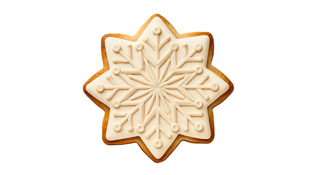 Star shaped gingerbread cookie with white royal icing snowflake design