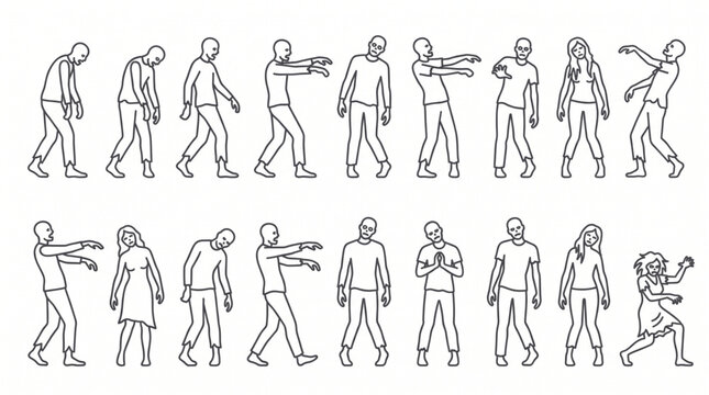 Collection of zombie silhouette design element art. Set of undead walking and reaching monsters in minimalist line art style. Scary halloween characters. Happy Halloween Vector silhouette icons.