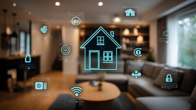 Smart home control panel with house and smartphone on wooden surface