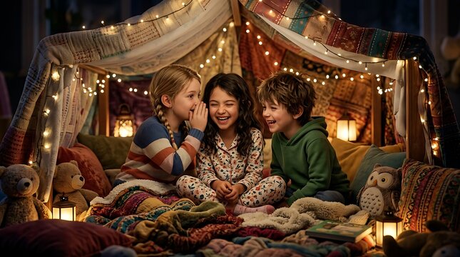 Three young cousins whispering secrets and laughing together inside a cozy blanket fort lit by fairy lights at night