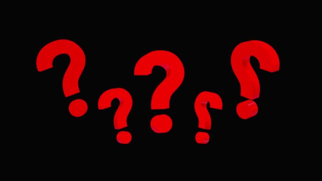 Glossy red question marks rotate and shift in a dark space, creating a simple conceptual animation about uncertainty, inquiry, confusion, and problem solving in 3D render, 3D animation