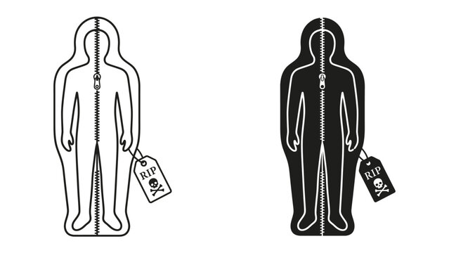 Human Body Bag Icon: Two icons, one outlined and one solid black, depict a human silhouette inside a zipped body bag with a skull and crossbones tag, symbolizing death or containment.