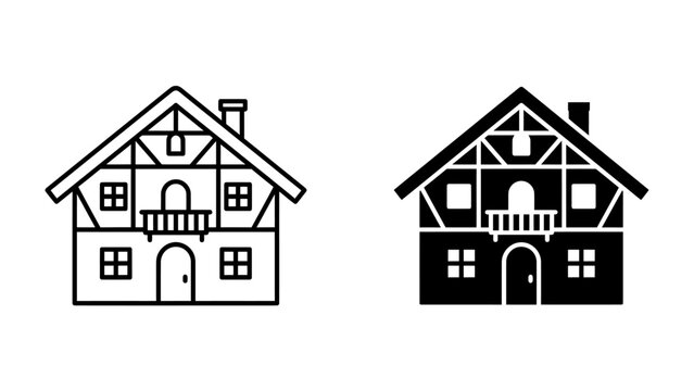 Half-timbered House Icon Set: Two stylized icons depict a traditional half-timbered house, one in outline and the other as a solid silhouette, showcasing classic architectural style.
