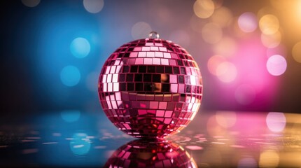 Fototapeta premium A shiny pink disco ball reflects colorful blurred lights in a festive, vibrant atmosphere.