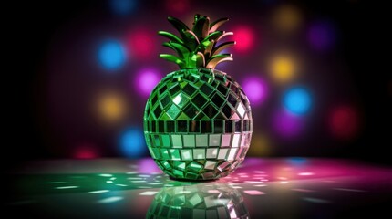 Fototapeta premium A shiny disco ball shaped like a pineapple reflects colorful lights, creating a vibrant party atmosphere.