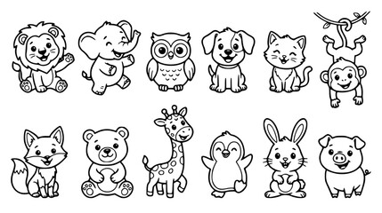 Cute baby animals line art vector collection featuring cartoon lion elephant owl dog cat monkey fox bear giraffe penguin rabbit pig © MdSabbir