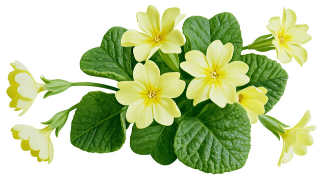 Yellow primrose flowers with green leaves