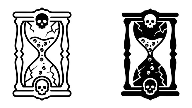 Broken Hourglass with Skulls: A stark, graphic representation of time's relentless march, symbolized by a cracked hourglass with skulls adorning its top and bottom. Offers two distinct visual styles.
