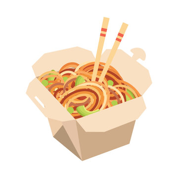 asian wok noodles in paper box with chopsticks