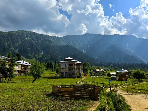 Traditional Wooden Houses in Arang Kel Village Surrounded by Lush Green Meadows and Mountains, Azad Kashmir, Pakistan