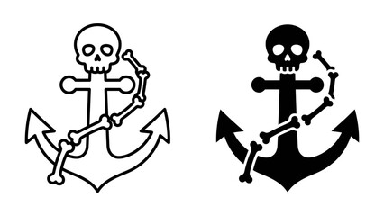 Anchor and Skull Icon: A striking graphic featuring an anchor entwined with a skeleton, presented in both outline and solid black styles, representing maritime danger or pirate symbolism. © bittv
