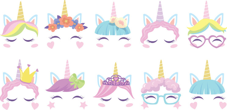 Cute unicorn faces set with floral crowns glasses and golden horns vector