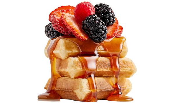 Stack of Belgian waffles with fresh strawberries raspberries, and blackberries drizzled with syrup
