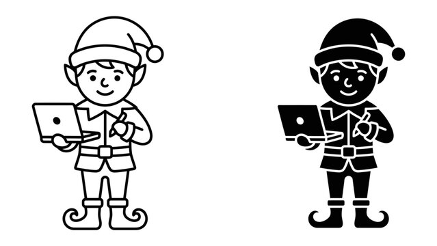 Elf with Laptop: A cute elf, adorned in traditional festive attire with a pointed hat and buckle shoes, diligently works on a laptop, holding a pen in its other hand.