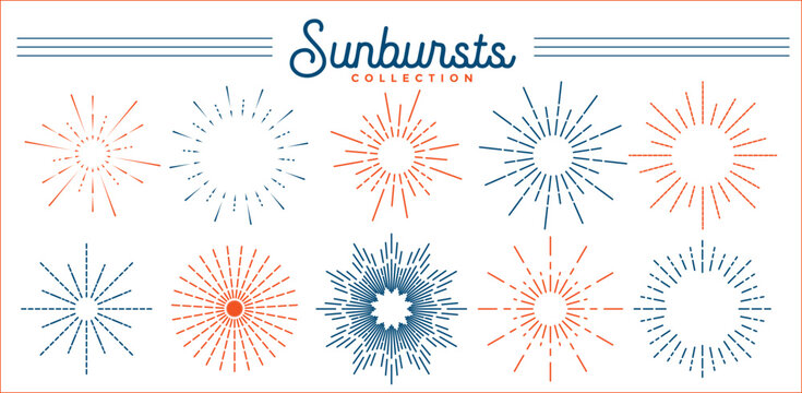 Minimalist retro sun burst elements collection for trendy logotype graphic design vector