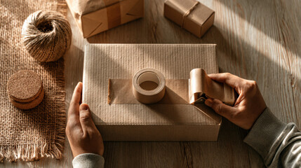 Hands wrap a gift in brown paper