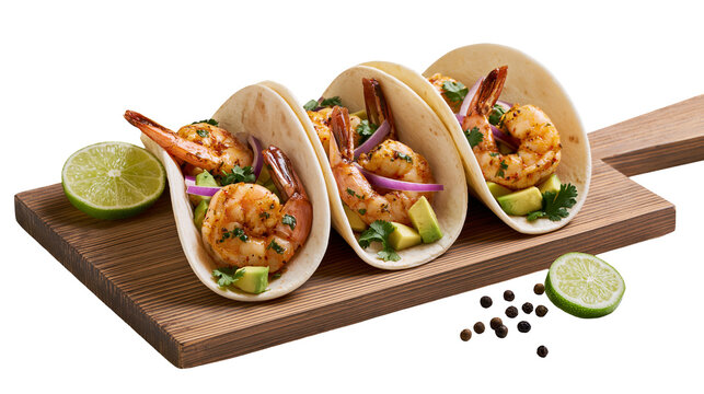 Shrimp tacos with avocado red onion cilantro, and lime on wooden board