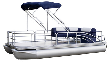 Pontoon boat with navy blue canopy and seating © Aino