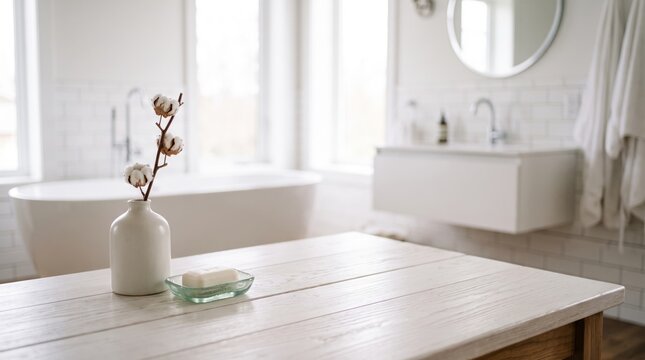 Minimalist White Bathroom with Cotton Vase and Wooden Table for Interior Design