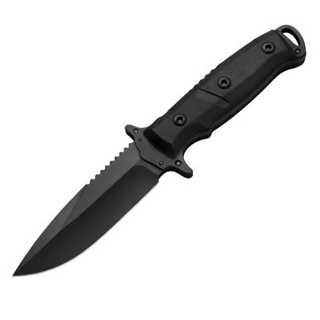 A black tactical combat knife with a serrated edge and a sturdy grip, presented in isolation on a transparent background. Ideal for survival, military, or outdoor contexts.