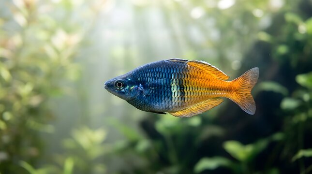 ​Beautiful Boesemani Rainbowfish swimming in a lush planted freshwater aquarium with natural sunlight.