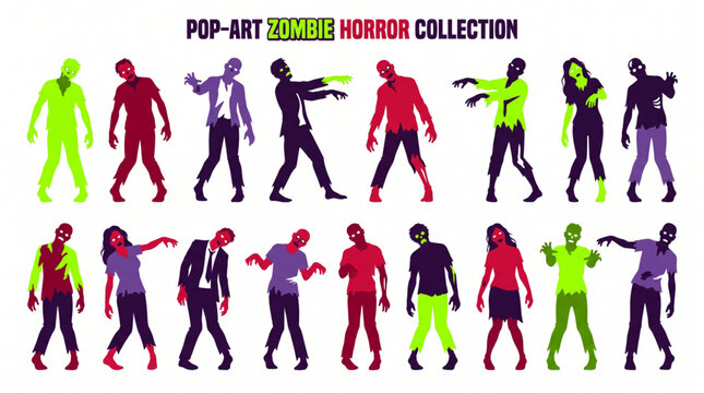 Collection of pop-art zombie horror silhouette design element art. Happy Halloween scary monster vector silhouette icons. Undead walking dead apocalypse character set for spooky holiday decor.
