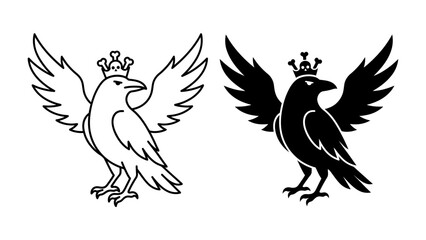Naklejka premium Raven with Crown Silhouette: A regal raven, depicted in both an outline and a solid silhouette, wears a small crown atop its head, symbolizing power and authority.
