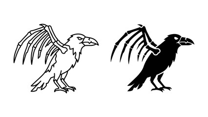 Gothic Raven Silhouette: A striking illustration depicts a raven with skeletal wings, presented in both outline and solid silhouette form, exuding a dark. © Al