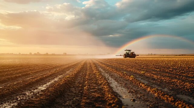 A rainbow in the sky above a plowed field after rainfall.