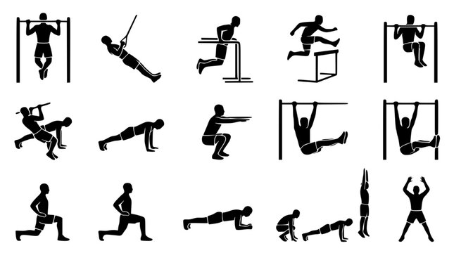 Calisthenics and street workout silhouette icon set featuring bodyweight fitness exercises pull-ups push-ups squats planks dips and gymnastics training symbols