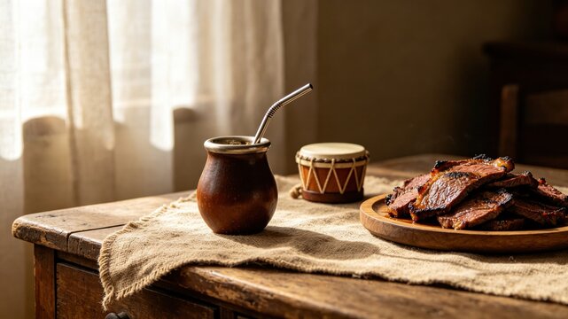 bombilla. Mate gourd with bombilla, candombe drum, and grilled asado on sideboard, Uruguayan culinary culture. event programs.