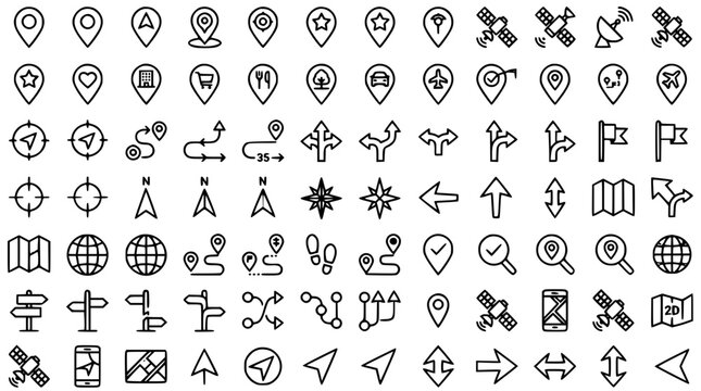 Map and navigation line icon set with pin markers location pointers routes compass satellite flags road signs and travel elements