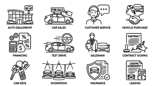 Car dealership line icon set containing auto showroom sales customer service vehicle purchase financing test drive and contract signing