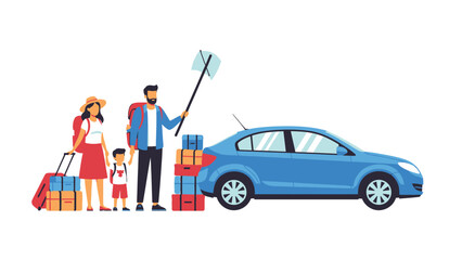 Naklejka premium Happy family of three, including parents and child, preparing for a summer road trip vacation, packing abundant luggage into a blue car. Flat illustration.
