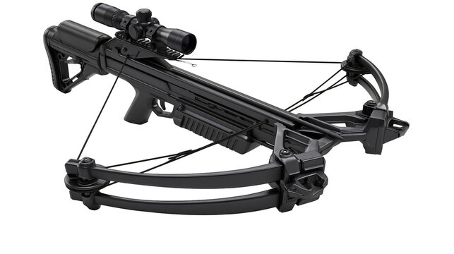 Black tactical crossbow with scope and tactical stock