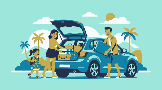 Happy family loading luggage into a car for a summer vacation trip to a tropical destination