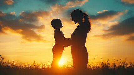 Fototapeta premium Mother lifting baby at sunset in silhouette