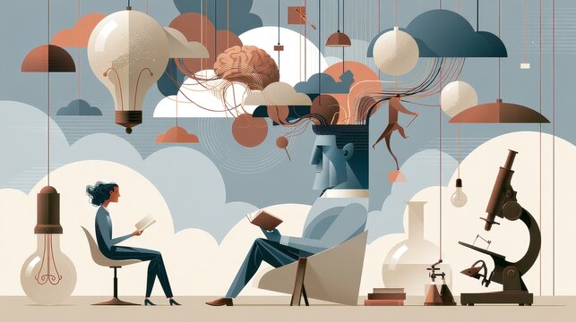 Human cognition problem solving critical thinking analytical reasoning intellectual growth focus on education concept theme whimsical Manipulation modern learning laboratory backdrop.