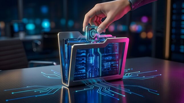 Hand placing glowing digital padlock into futuristic folder to secure confidential binary code data on circuit board desk