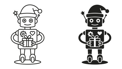 Christmas Robot Companion: A charming robot, adorned with a Santa hat and holding a gift, stands ready to spread holiday cheer with its festive design and playful spirit. © jabed