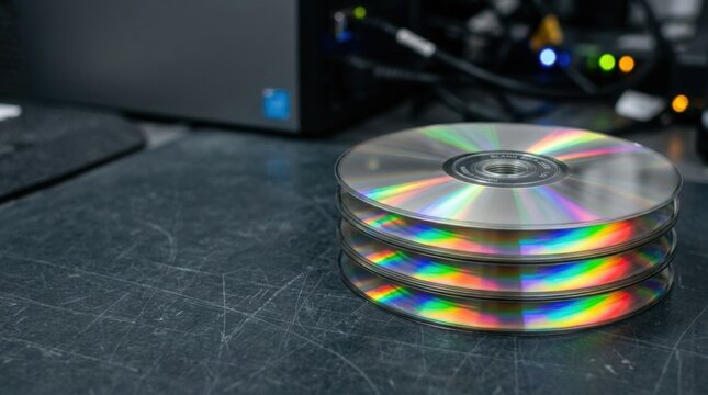 Stack of Blank Optical Discs with Colorful Rainbow Reflections in a Tech Server Environment