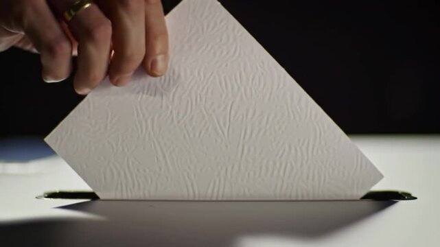 Hand dropping textured paper into ballot box slot, close-up, voting concept