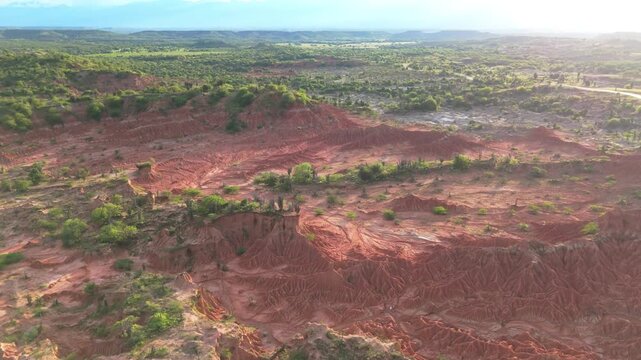 Aerial view of Tatacoa Desert with red rock formations, cacti, and arid landscape in Villavieja, Huila, Colombia.