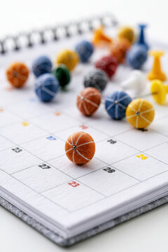 Colorful pins rest on a calendar page