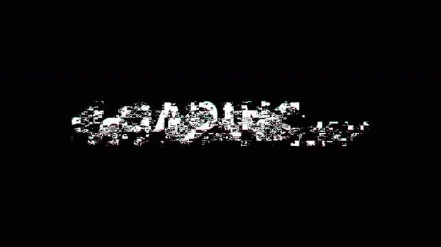 Retro Glitch Loading Text Animation on Black Background with Digital TV Screen Noise.