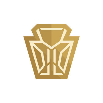 Abstract gold geometric keystone shield emblem design.