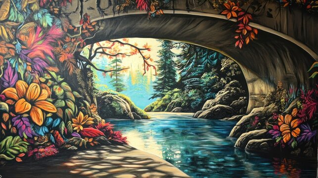 Vibrant mural depicting a serene river flowing through a lush forest, framed by an archway adorned with colorful floral patterns.  A hidden pathway beneath the archway suggests a peaceful escape
